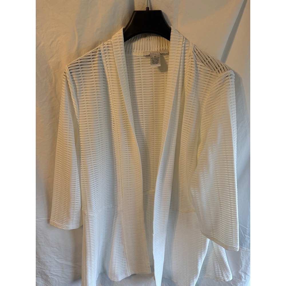 Grace White Textured Mesh Open Front Cardigan XL 3/4 Sleeve Ribbed Topper Jacket